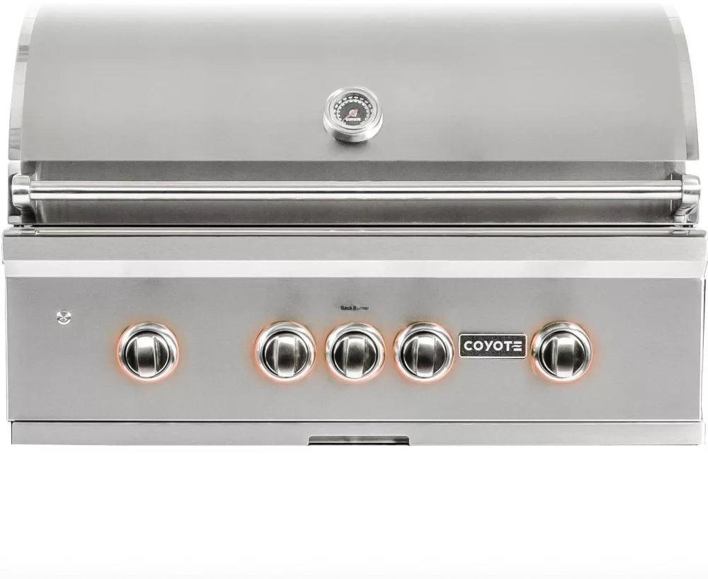 Coyote S-Series C2SL36NG 36 Inch Built-In Grill with 3 Infinity Burners™, RapidSear™ Infrared Burner, 875 sq. in. Cooking Surface, Interior Grill Lighting, LED Illuminated Knobs, Integrated Wind Guard, Rotisserie and Smoker Box
