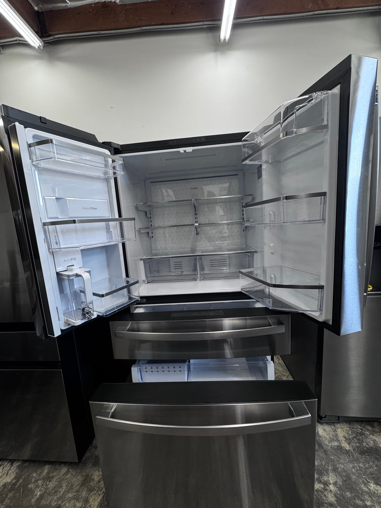 GE Profile PJE23BYWFS 36 Inch Counter-Depth Smart 4-Door French-Door Refrigerator with 23.2 cu. ft. Capacity, 4 Glass Shelves, Adjustable Temperature Drawer, TwinChill™, Dual-Dispense AutoFill Pitcher, and ENERGY STAR®: Stainless Steel