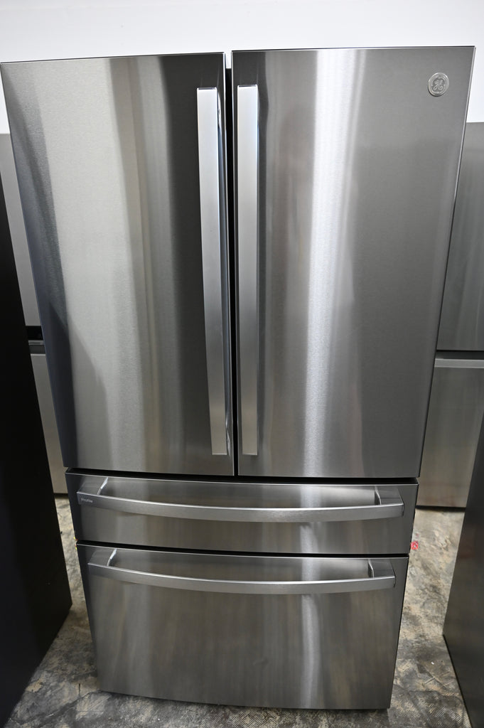 GE Profile PJE23BYWFS 36 Inch Counter-Depth Smart 4-Door French-Door Refrigerator with 23.2 cu. ft. Capacity, 4 Glass Shelves, Adjustable Temperature Drawer, TwinChill™, Dual-Dispense AutoFill Pitcher, and ENERGY STAR®: Stainless Steel