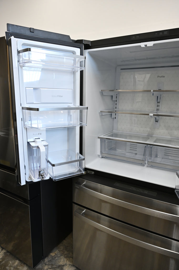 GE Profile PJE23BYWFS 36 Inch Counter-Depth Smart 4-Door French-Door Refrigerator with 23.2 cu. ft. Capacity, 4 Glass Shelves, Adjustable Temperature Drawer, TwinChill™, Dual-Dispense AutoFill Pitcher, and ENERGY STAR®: Stainless Steel