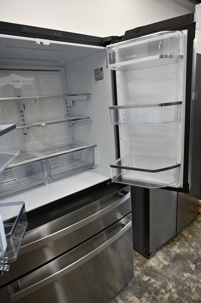 GE Profile PJE23BYWFS 36 Inch Counter-Depth Smart 4-Door French-Door Refrigerator with 23.2 cu. ft. Capacity, 4 Glass Shelves, Adjustable Temperature Drawer, TwinChill™, Dual-Dispense AutoFill Pitcher, and ENERGY STAR®: Stainless Steel
