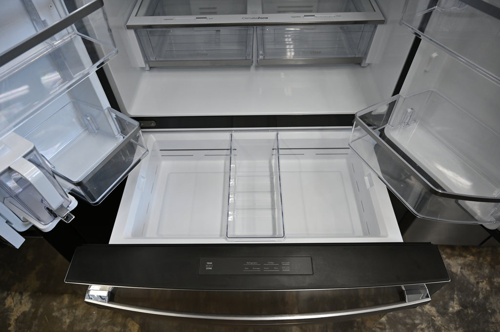 GE Profile PJE23BYWFS 36 Inch Counter-Depth Smart 4-Door French-Door Refrigerator with 23.2 cu. ft. Capacity, 4 Glass Shelves, Adjustable Temperature Drawer, TwinChill™, Dual-Dispense AutoFill Pitcher, and ENERGY STAR®: Stainless Steel