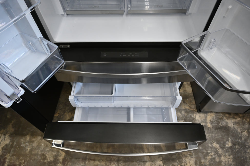 GE Profile PJE23BYWFS 36 Inch Counter-Depth Smart 4-Door French-Door Refrigerator with 23.2 cu. ft. Capacity, 4 Glass Shelves, Adjustable Temperature Drawer, TwinChill™, Dual-Dispense AutoFill Pitcher, and ENERGY STAR®: Stainless Steel