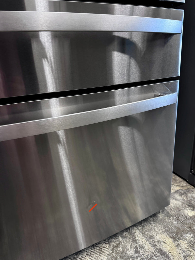 GE Profile PJE23BYWFS 36 Inch Counter-Depth Smart 4-Door French-Door Refrigerator with 23.2 cu. ft. Capacity, 4 Glass Shelves, Adjustable Temperature Drawer, TwinChill™, Dual-Dispense AutoFill Pitcher, and ENERGY STAR®: Stainless Steel