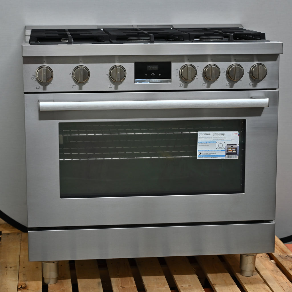 Bosch 800 Series HGS8655UC 36 Inch Freestanding Gas Range with 6 Sealed Burners, 3.4 cu. ft. Oven Capacity, Continuous Grates, Convection Oven, and Self-Cleaning: Stainless Steel