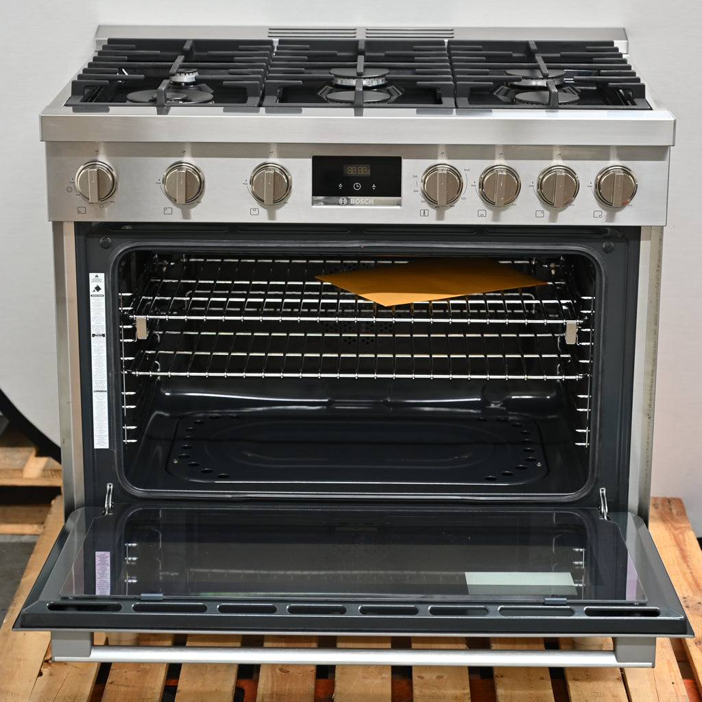 Bosch 800 Series HGS8655UC 36 Inch Freestanding Gas Range with 6 Sealed Burners, 3.4 cu. ft. Oven Capacity, Continuous Grates, Convection Oven, and Self-Cleaning: Stainless Steel