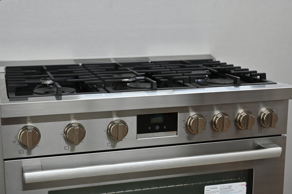 Bosch 800 Series HGS8655UC 36 Inch Freestanding Gas Range with 6 Sealed Burners, 3.4 cu. ft. Oven Capacity, Continuous Grates, Convection Oven, and Self-Cleaning: Stainless Steel
