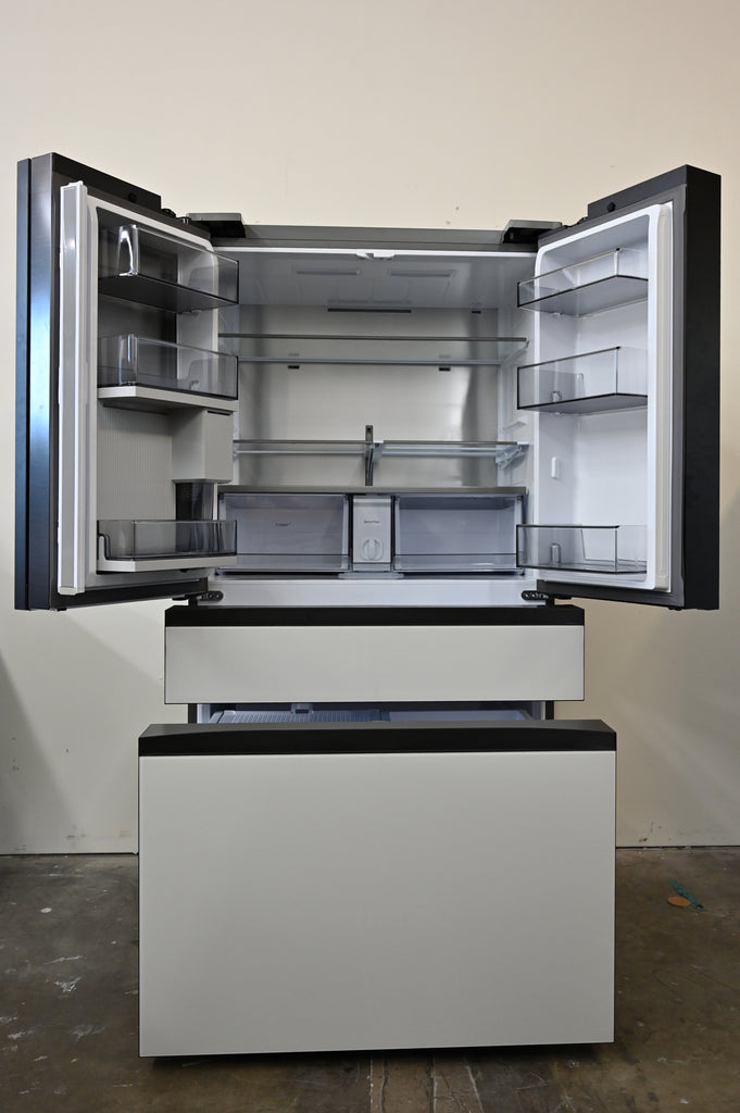Samsung BESPOKE RF23BB860012 36 Inch Counter-Depth Freestanding 4-Door French Door Smart Refrigerator with 23 cu. ft. Total Capacity, Beverage Center™, FlexZone™ Drawer, Twin Cooling Plus™, Wi-Fi, Dual Ice Maker, ADA Complian: White Glass - All Panels