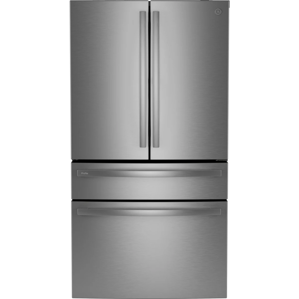 GE Profile PJE23BYWFS 36 Inch Counter-Depth Smart 4-Door French-Door Refrigerator with 23.2 cu. ft. Capacity, 4 Glass Shelves, Adjustable Temperature Drawer, TwinChill™, Dual-Dispense AutoFill Pitcher, and ENERGY STAR®: Stainless Steel
