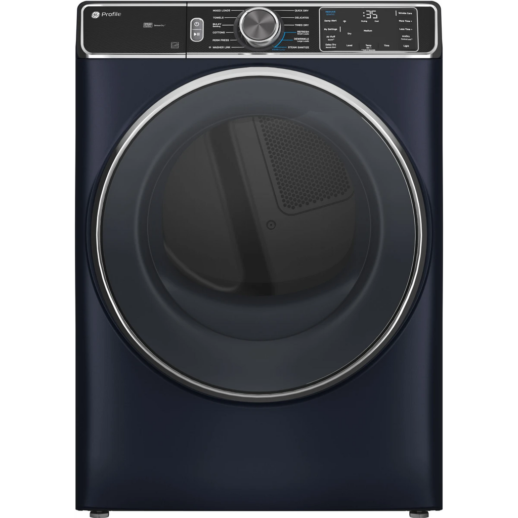 GE PFD87GSPVRS 28 Inch Front Load Smart Gas Dryer with 7.8 cu ft Capacity, Steam Cycle, Washer Link, Built In Wi-Fi, Steam Sanitize, Quick Dry, Reduce Static, Wrinkle Care, Damp Alert, Reversible Door, ADA Complaint and Energy Star : Sapphire Blue