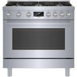 Bosch 800 Series HGS8655UC 36 Inch Freestanding Gas Range with 6 Sealed Burners, 3.4 cu. ft. Oven Capacity, Continuous Grates, Convection Oven, and Self-Cleaning: Stainless Steel
