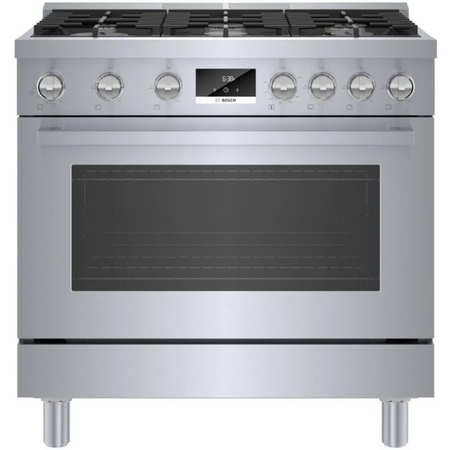 Bosch 800 Series HGS8655UC 36 Inch Freestanding Gas Range with 6 Sealed Burners, 3.4 cu. ft. Oven Capacity, Continuous Grates, Convection Oven, and Self-Cleaning: Stainless Steel