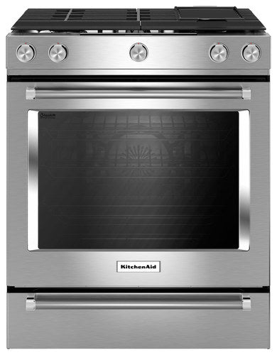 KitchenAid KSDB900ESS 30 Inch Slide-in Dual Fuel Range with 5 Sealed Burners, 19,000 BTU, 7.1 cu. ft. Total Capacity, Even-Heat True Convection, Baking Drawer and Wireless Probe: Stainless Steel