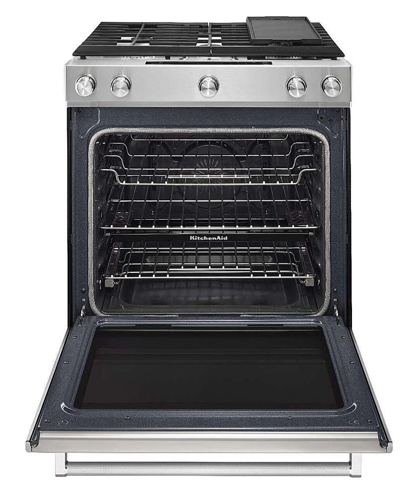 KitchenAid KSDB900ESS 30 Inch Slide-in Dual Fuel Range with 5 Sealed Burners, 19,000 BTU, 7.1 cu. ft. Total Capacity, Even-Heat True Convection, Baking Drawer and Wireless Probe: Stainless Steel