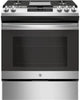 GE JGSS66SELSS 30 Inch Slide-In Gas Range with 5 Sealed Burners, 5.3 cu. ft. Oven Capacity, Storage Drawer, In-oven Broil, Steam Clean, Integrated Non-Stick Griddle, Power Boil Burners, Oval Burner, CSA Certified, and ADA Compliant: Stainless Steel