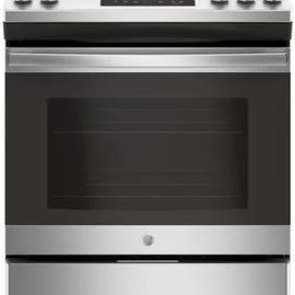 GE JGSS66SELSS 30 Inch Slide-In Gas Range with 5 Sealed Burners, 5.3 cu. ft. Oven Capacity, Storage Drawer, In-oven Broil, Steam Clean, Integrated Non-Stick Griddle, Power Boil Burners, Oval Burner, CSA Certified, and ADA Compliant: Stainless Steel