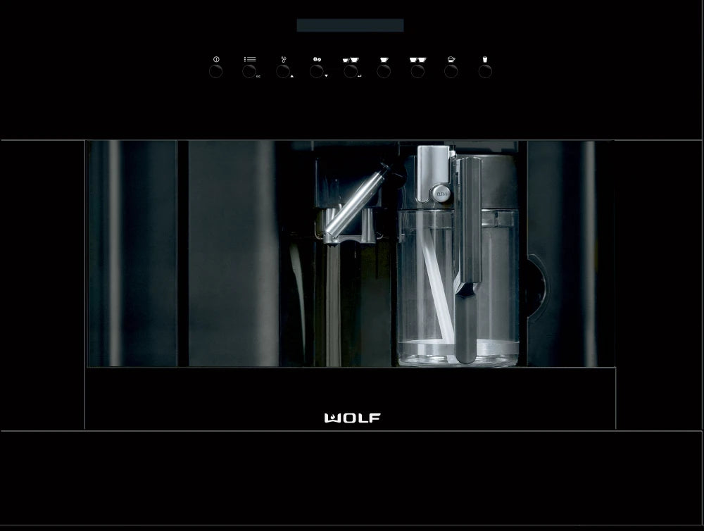 Wolf EC24B 24 Inch Built-in Coffee System with Adjustable Grinder, Auto On/Off, Descaling, Hot Water Dispenser, Removable Milk Carafe, Mounted Glide System and Non-Plumbed: Black