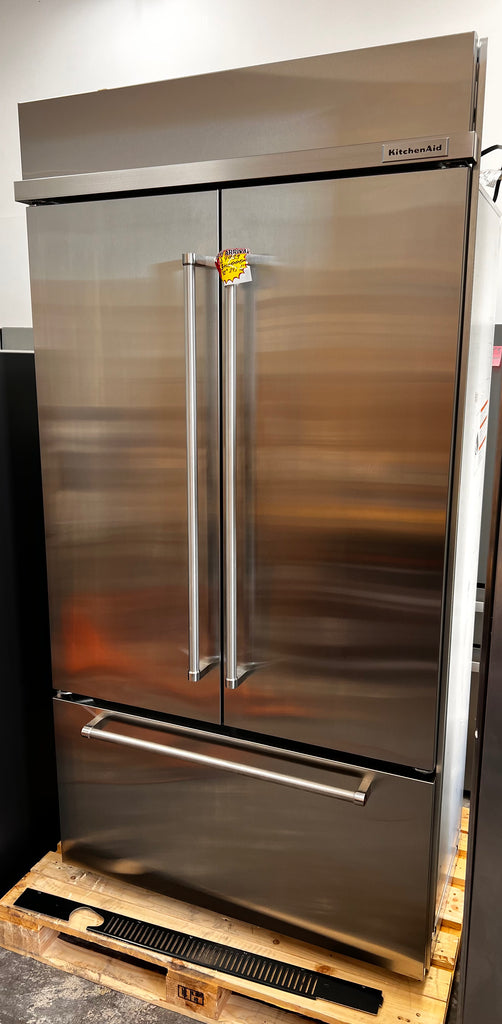 KitchenAid KBFN502ESS 42 Inch Built-In French Door Refrigerator with 24.2 cu. ft. Capacity, Glass Shelves, Preserva Food Care System, Automatic Ice Maker, Platinum Interior, LED Lighting, SatinGlide® Cripers, Door Open Alarm, Sabbath Mode: Stainless Steel