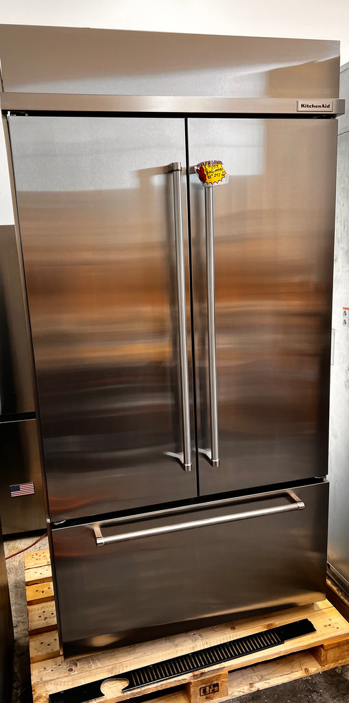 KitchenAid KBFN502ESS 42 Inch Built-In French Door Refrigerator with 24.2 cu. ft. Capacity, Glass Shelves, Preserva Food Care System, Automatic Ice Maker, Platinum Interior, LED Lighting, SatinGlide® Cripers, Door Open Alarm, Sabbath Mode: Stainless Steel