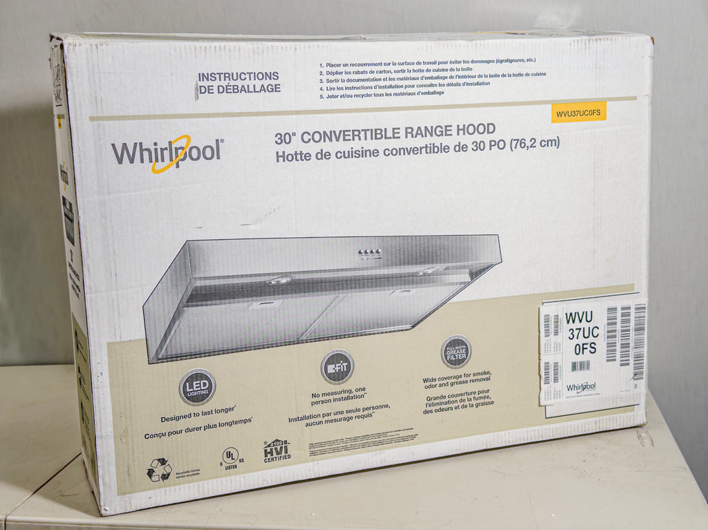 Whirlpool WVU37UC0FS 30 Inch Under Cabinet Range Hood with 3-Speed/265 CFM Blower, Push Button Control, LED Task Lighting, Dishwasher-Safe Grease Filters, FIT System, Recirculation (Non-Vented/Duct-Free), and ADA Compliant: Stainless Steel