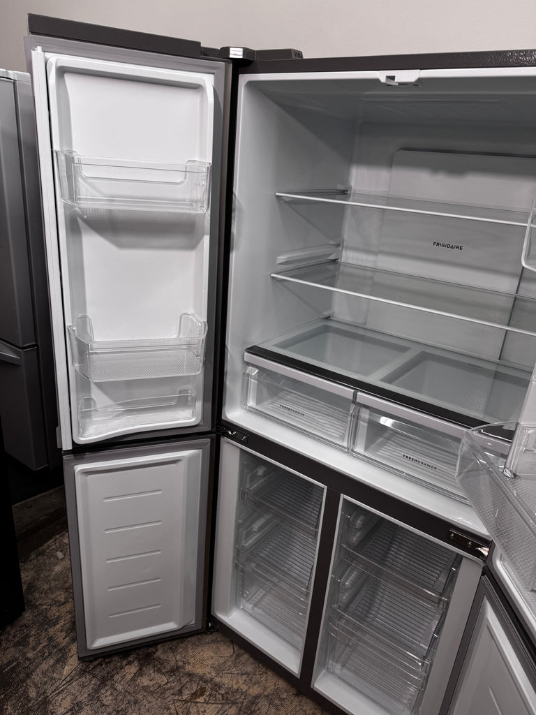 Frigidaire FRQG1721AV 33 Inch Counter-Depth 4-Door French Door Refrigerator with 17.4 Cu. Ft. Capacity, TwinTech™ Dual Evaporators, Adjustable Glass Shelves, Store-More™ Bins, Crisper Drawers, Adjustable Freezer Storage, LED Lighting, and CSA Listed