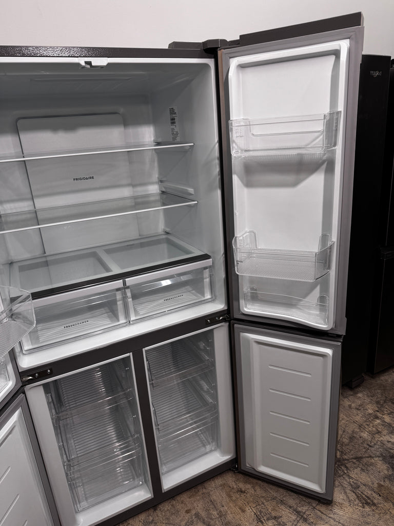 Frigidaire FRQG1721AV 33 Inch Counter-Depth 4-Door French Door Refrigerator with 17.4 Cu. Ft. Capacity, TwinTech™ Dual Evaporators, Adjustable Glass Shelves, Store-More™ Bins, Crisper Drawers, Adjustable Freezer Storage, LED Lighting, and CSA Listed