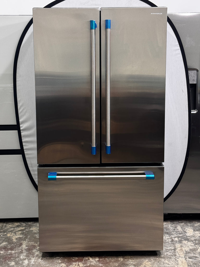 Monogram ZWE23NSTSS 36 Inch Freestanding Counter-Depth French Door Smart Refrigerator with 23.1 Cu. Ft. Total Capacity, Water Dispenser, Ice Maker, LED Lighting, Temperature-Controlled Drawer, Drop-Down Tray, and ENERGY STAR® Qualified