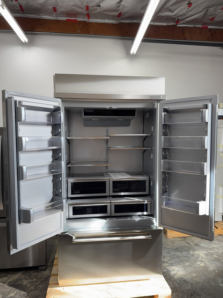 KitchenAid KBFN502ESS 42 Inch Built-In French Door Refrigerator with 24.2 cu. ft. Capacity, Glass Shelves, Preserva Food Care System, Automatic Ice Maker, Platinum Interior, LED Lighting, SatinGlide® Cripers, Door Open Alarm, Sabbath Mode: Stainless Steel