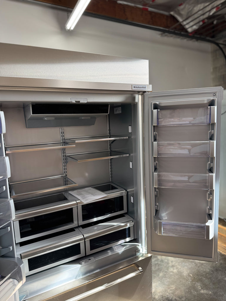 KitchenAid KBFN502ESS 42 Inch Built-In French Door Refrigerator with 24.2 cu. ft. Capacity, Glass Shelves, Preserva Food Care System, Automatic Ice Maker, Platinum Interior, LED Lighting, SatinGlide® Cripers, Door Open Alarm, Sabbath Mode: Stainless Steel