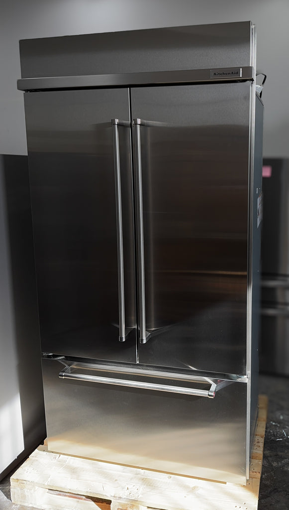 KitchenAid KBFN502ESS 42 Inch Built-In French Door Refrigerator with 24.2 cu. ft. Capacity, Glass Shelves, Preserva Food Care System, Automatic Ice Maker, Platinum Interior, LED Lighting, SatinGlide® Cripers, Door Open Alarm, Sabbath Mode: Stainless Steel