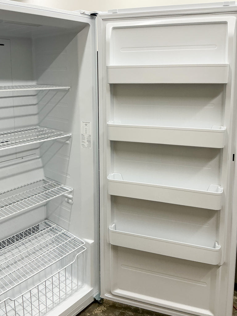 GE  FUF21SMRWW 33 Inch Freestanding Upright Freezer with 21.3 cu. ft. Capacity, Turbo Freeze, Lock and Key, Audible Temperature Alarm, Electronic Temperature Control, LED Interior Lighting, and Garage Ready: White