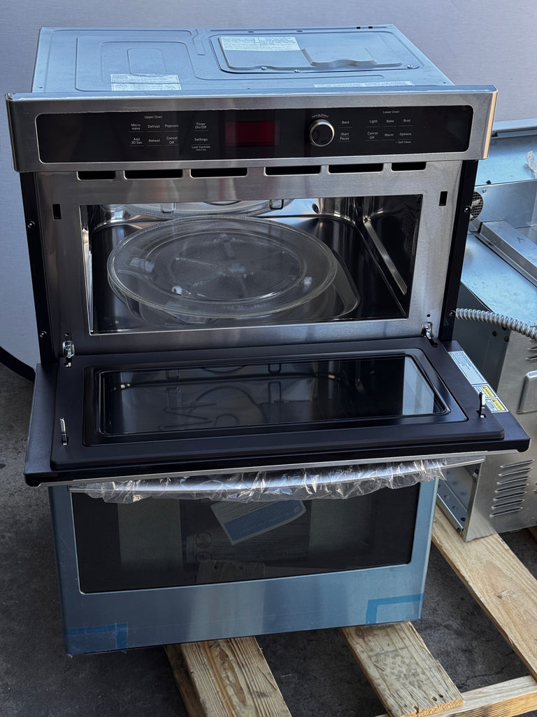 GE JK3800SHSS 27 Inch Combination Wall Oven with 4.3 cu. ft. Oven Capacity, 1.7 cu. ft. Microwave, Sensor Cooking Controls, Bake Element, Broil Element, Glass Touch Controls, GE Fits! Guarantee, and Self-Clean with Steam: Stainless Steel