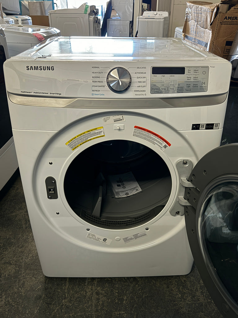 Samsung DVE45B6300W 27 Inch Electric Smart Dryer with 7.5 Cu.Ft. Capacity, Steam Sanitize+, Sensor Dry, Wi-Fi Connectivity, 21 Dry Cycles, 10 Dry Options, 5 Temperature Settings, Interior Drum Light, 4 Way Venting, and ADA Compliant: White