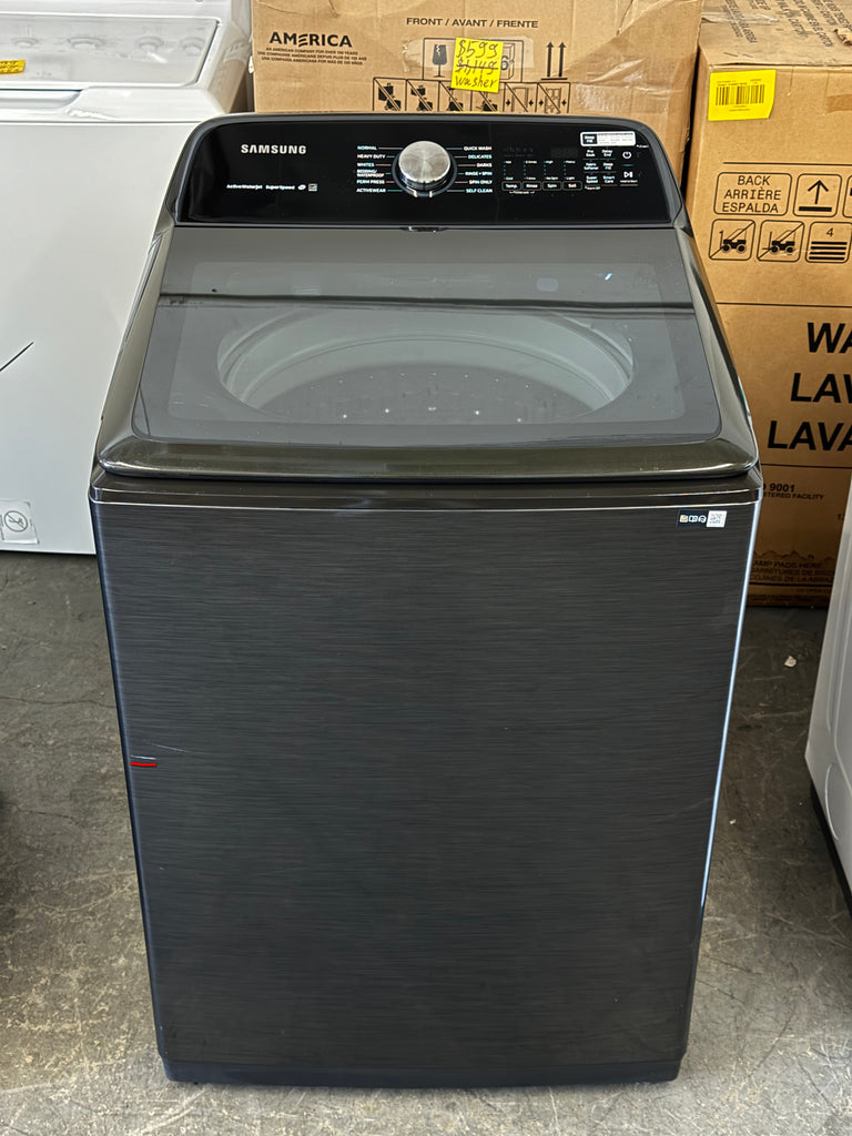 Samsung WA50R5400AV 28 Inch Top Load Washer with 5.0 Cu. Ft. Capacity, Super Speed, Active WaterJet, EZ Access, VRT Plus™ Technology, 12 Wash Cycles, Deep Fill, Smart Care, Child Lock, and ENERGY STAR®: Fingerprint Resistant Black Stainless Steel