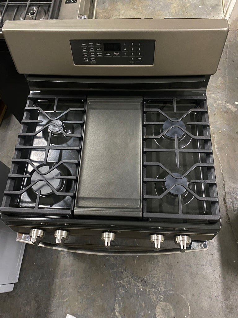 GE JGB735EPES 30 Inch Freestanding Gas Convection Range with 5 Sealed Burners, 5 Cu. Ft. Oven Capacity, Storage Drawer, Edge-to-Edge Cooktop, Self-Clean+Steam Clean, Integrated Griddle, and Center Oval Burner: Fingerprint Resistant Slate