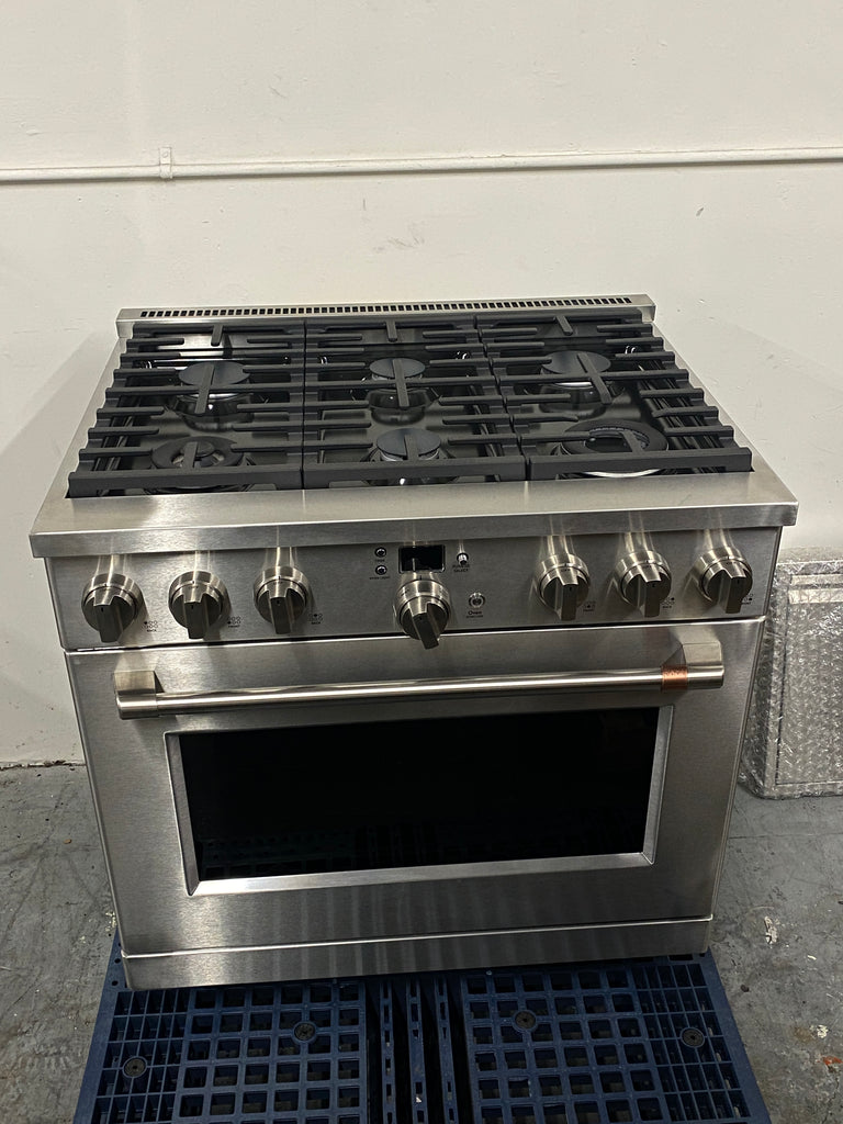 Cafe Professional Series CGY366P2TS1 36 Inch Smart Professional Gas Range with 6 Sealed Burners, 6.2 cu. ft. Oven Capacity, Convection with Reverse Air, Temperature Probe, Steam Clean, Wi-Fi, Multi-Ring Burner, CSA, and ADA Compliant: Stainless Steel