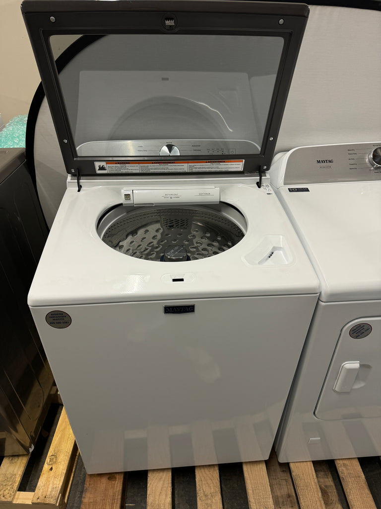 Maytag MGD6500MW 29 Inch Gas Dryer with 7.0 Cu. Ft. Capacity: White + Maytag MVW6500MW 28 Inch Pet Pro Top Load Washer with 4.7 Cu. Ft. Capacity: White