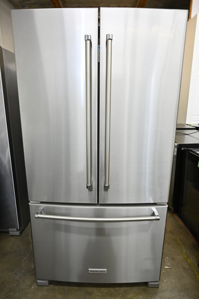 KitchenAid KRFC136RPS 36 Inch Freestanding Counter-Depth French Door Refrigerator with 20 Cu. Ft. Total Capacity, Interior Water Dispenser, Ice Maker, Wood-Look Nesting Shelf, LED Lighting, ExtendFresh™ Temperature Management: PrintShield™ Stainless Steel