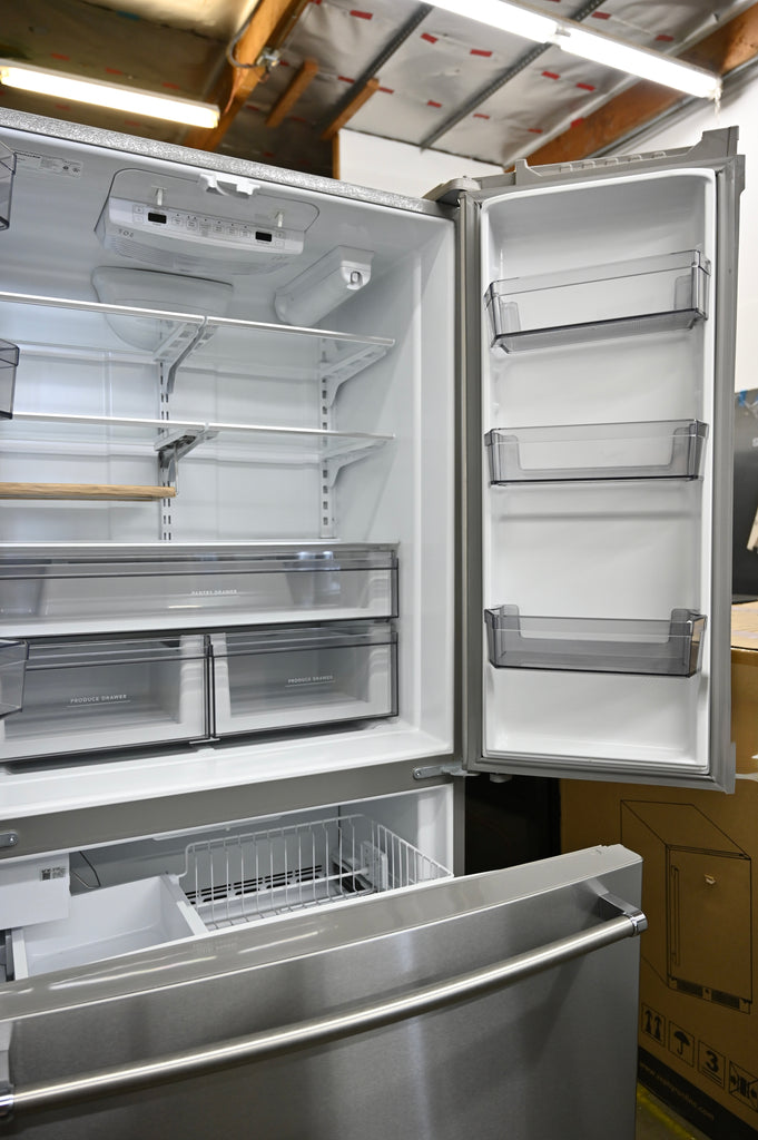 KitchenAid KRFC136RPS 36 Inch Freestanding Counter-Depth French Door Refrigerator with 20 Cu. Ft. Total Capacity, Interior Water Dispenser, Ice Maker, Wood-Look Nesting Shelf, LED Lighting, ExtendFresh™ Temperature Management: PrintShield™ Stainless Steel