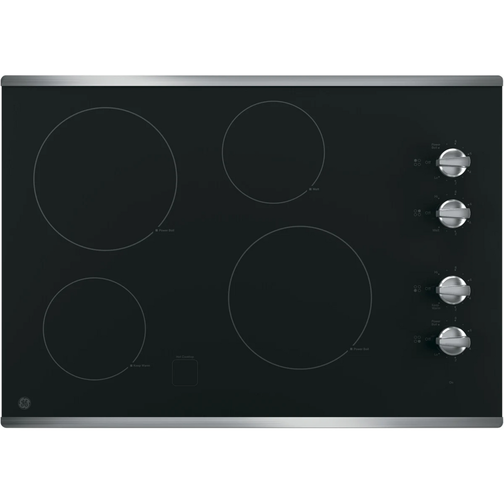 GE  JP3030SWSS 30 Inch Electric Cooktop with 4 Radiant Elements, Ceramic Glass Surface, Power Boil Elements, Keep Warm Setting, Melt Setting, Hot Surface Indicator Lights, GE Fits! Guarantee, UL Certified, and ADA Compliant: Stainless Steel