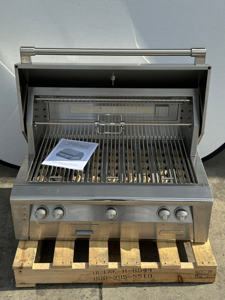 Alfresco ALXE36NG 36 Inch Built-In Grill with 660 sq. in. Grilling Surface, 3 27,500 BTU Burners, Integrated Rotisserie, Smoker and Herb Infuser System, 3-Position Warming Rack, Nickel-Plated Control Knobs and Stainless Steel Grates: Natural Gas