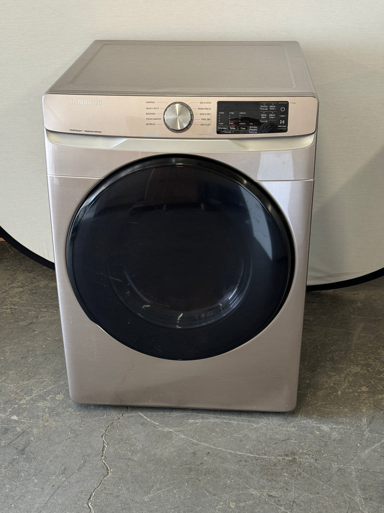 Samsung DVG45R6100C 27 Inch Gas Dryer with 7.5 Cu. Ft. Capacity, Steam Sanitize+, Sensor Dry, Smart Care, Interior Drum Light, 3-Way Venting, Reversible Door, 10 Dry Cycles, Bedding, Quick Dry, Child Lock, and ADA Compliant: Champagne
