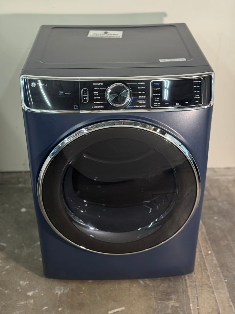 GE PFD87GSPVRS 28 Inch Front Load Smart Gas Dryer with 7.8 cu ft Capacity, Steam Cycle, Washer Link, Built In Wi-Fi, Steam Sanitize, Quick Dry, Reduce Static, Wrinkle Care, Damp Alert, Reversible Door, ADA Complaint and Energy Star : Sapphire Blue