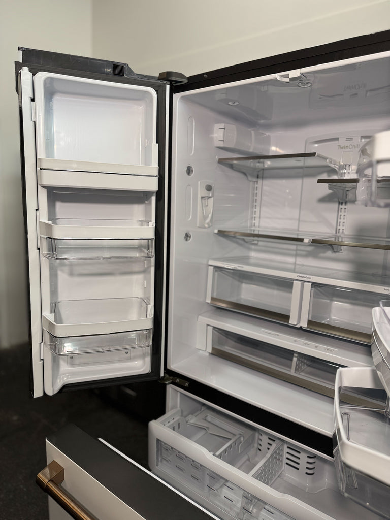 Cafe CWE23SP4MW2 36 Inch Counter Depth French Door Smart Refrigerator with 23.1 Cu. Ft. Capacity, TwinChill™ Evaporators, Temperature-Controlled Drawer, Wi-Fi, Internal Water\Ice Dispenser, and ENERGY STAR®: Matte White with Brushed Bronze Handles