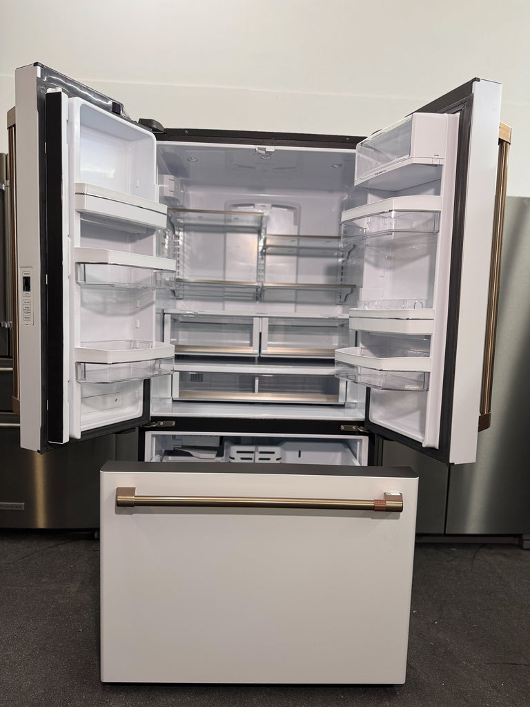 Cafe CWE23SP4MW2 36 Inch Counter Depth French Door Smart Refrigerator with 23.1 Cu. Ft. Capacity, TwinChill™ Evaporators, Temperature-Controlled Drawer, Wi-Fi, Internal Water\Ice Dispenser, and ENERGY STAR®: Matte White with Brushed Bronze Handles