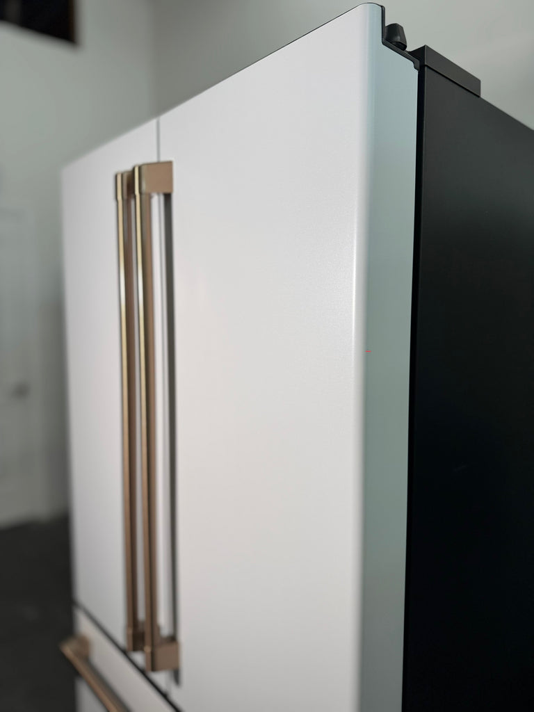 Cafe CWE23SP4MW2 36 Inch Counter Depth French Door Smart Refrigerator with 23.1 Cu. Ft. Capacity, TwinChill™ Evaporators, Temperature-Controlled Drawer, Wi-Fi, Internal Water\Ice Dispenser, and ENERGY STAR®: Matte White with Brushed Bronze Handles