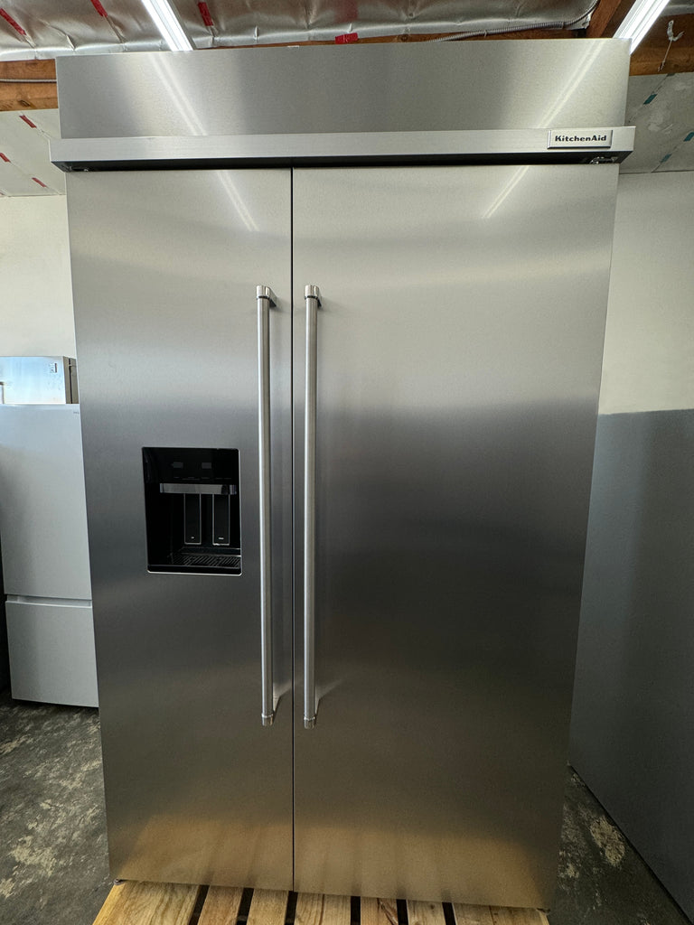 KitchenAid KBSD708MPS 48 Inch Built-In Side-by-Side Refrigerator with 29.4 cu. ft. Capacity, 4 Shelves, FreshChill™ Drawer, ExtendFresh™ Plus, Exterior Ice/Water Dispenser, ENERGY STAR®, and Star-K: Stainless Steel with PrintShield™ Finish