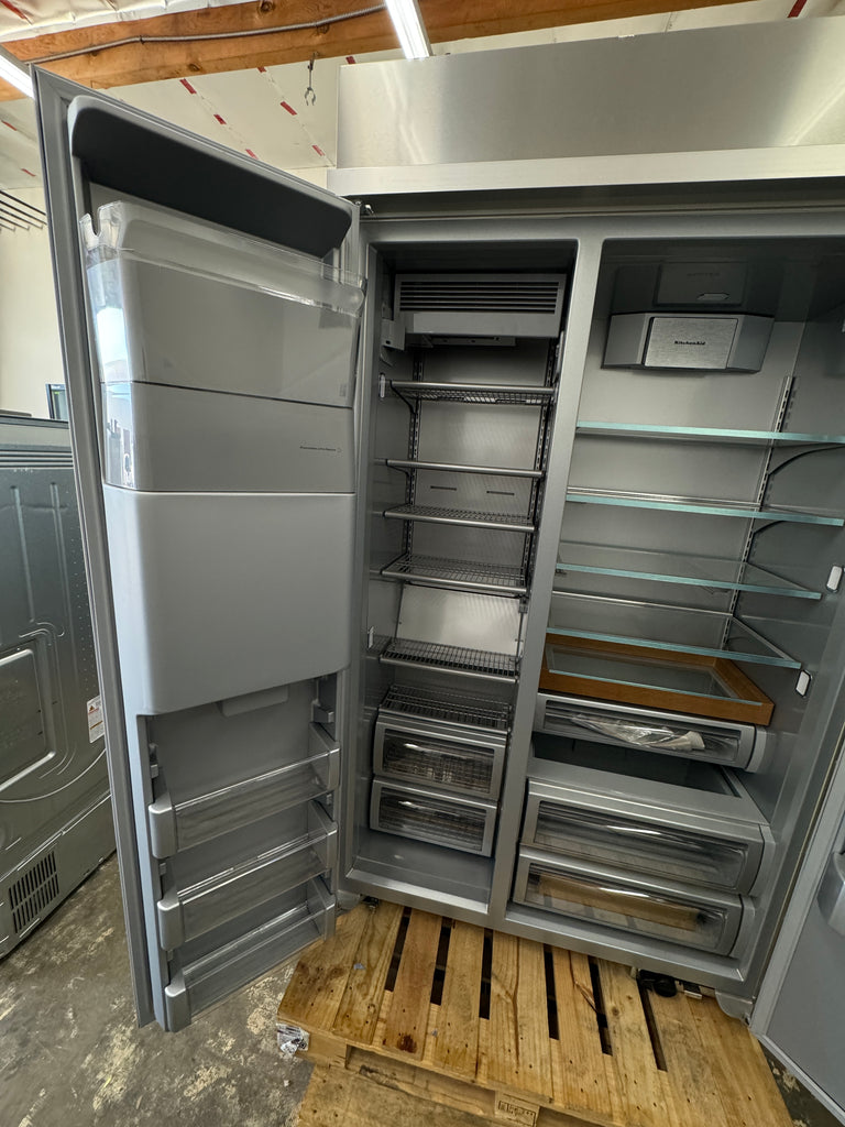 KitchenAid KBSD708MPS 48 Inch Built-In Side-by-Side Refrigerator with 29.4 cu. ft. Capacity, 4 Shelves, FreshChill™ Drawer, ExtendFresh™ Plus, Exterior Ice/Water Dispenser, ENERGY STAR®, and Star-K: Stainless Steel with PrintShield™ Finish