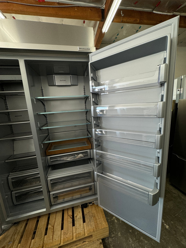 KitchenAid KBSD708MPS 48 Inch Built-In Side-by-Side Refrigerator with 29.4 cu. ft. Capacity, 4 Shelves, FreshChill™ Drawer, ExtendFresh™ Plus, Exterior Ice/Water Dispenser, ENERGY STAR®, and Star-K: Stainless Steel with PrintShield™ Finish