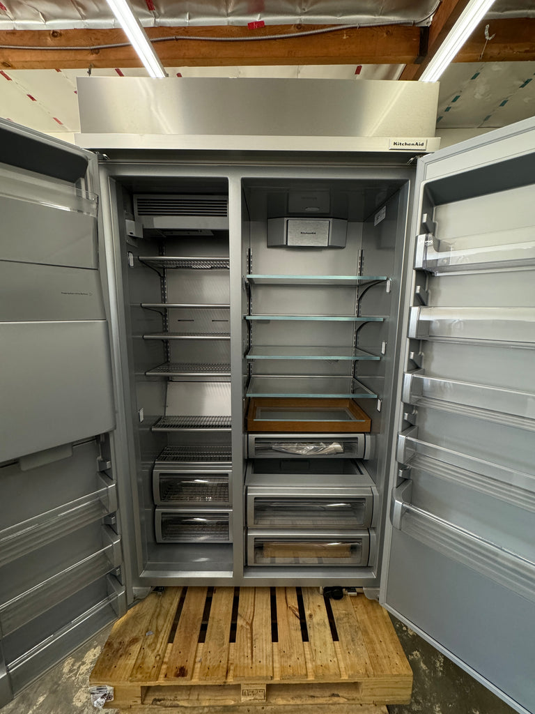 KitchenAid KBSD708MPS 48 Inch Built-In Side-by-Side Refrigerator with 29.4 cu. ft. Capacity, 4 Shelves, FreshChill™ Drawer, ExtendFresh™ Plus, Exterior Ice/Water Dispenser, ENERGY STAR®, and Star-K: Stainless Steel with PrintShield™ Finish